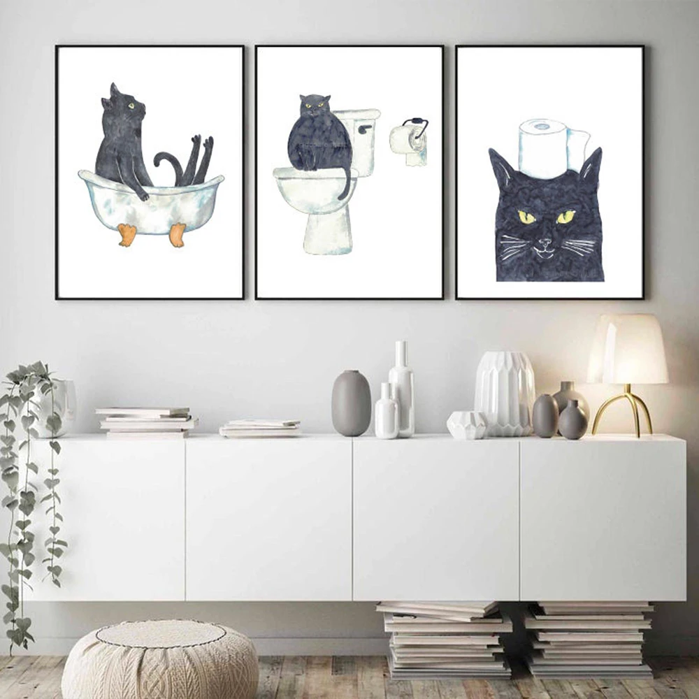 

Minimalist Black Cat Toilet Poster Watercolor Canvas Painting Cartoon Pet Art Print Nordic Wall Picture Living Bathroom Decor
