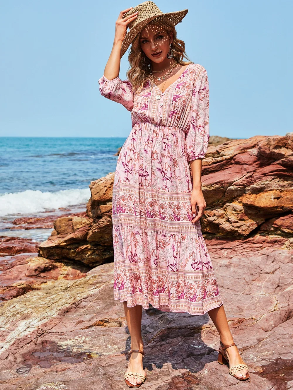 

Bohemian Dress Sexy V-neck Floral Print High Waist Mid-length A-line Boho Beach Dress Casual Woven Printed Pattern for Women