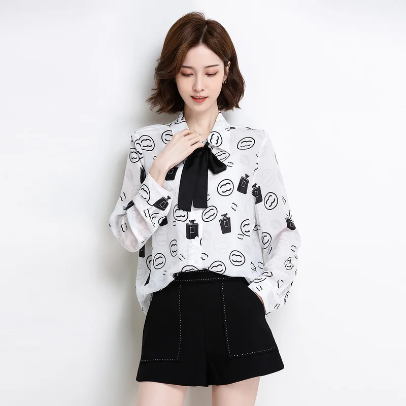

[New product] Jinju summer new product lace simple printed mulberry silk silk shirt female