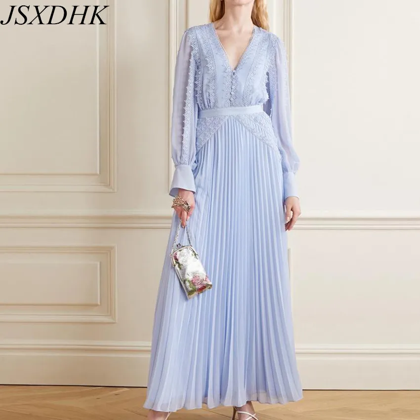 

2021 New Autumn Self Portrait Runway Long Dress Elegant Women Lantern Sleeve Chiffon Patchwork Lace Party Pleated Robes Vestios