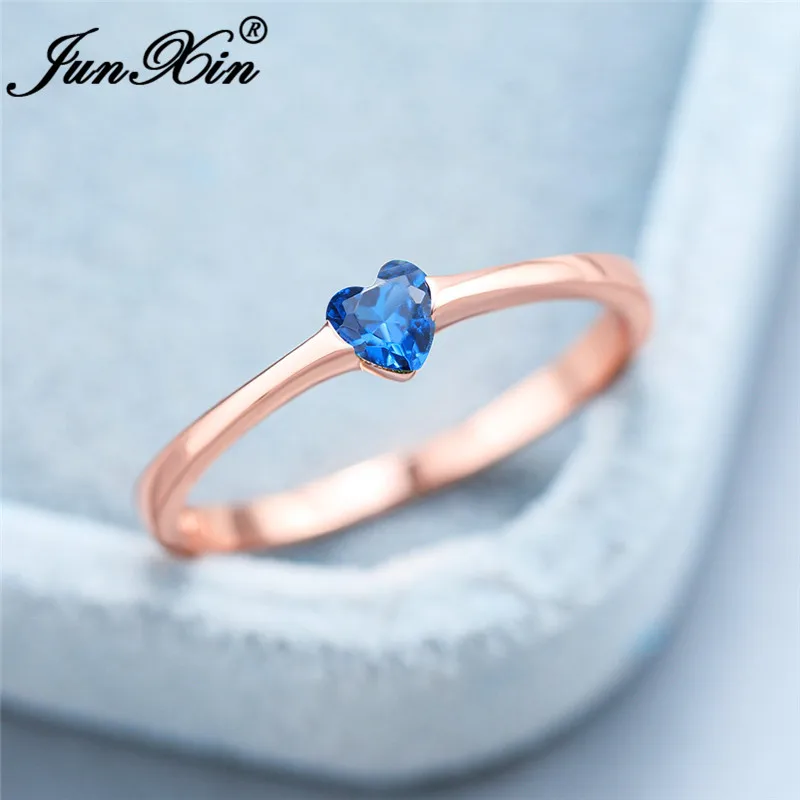 Blue Ring Изящное сердце любовь кольцо из розового золота кольца из стерлингового серебра 925 для женщин зеленый фиолетовый синий кристалл тонкие кольца, обручальные кольца CZ - Цвет основного камня: Blue Ring