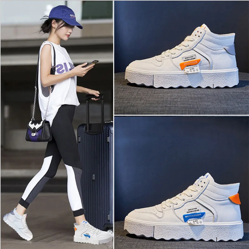 

Genuine Leather White Shoe Women 2021 High-top New Spring Autumn All-match Lace-up Flat-bottomed Sports Leisure Ladies Shoes 40