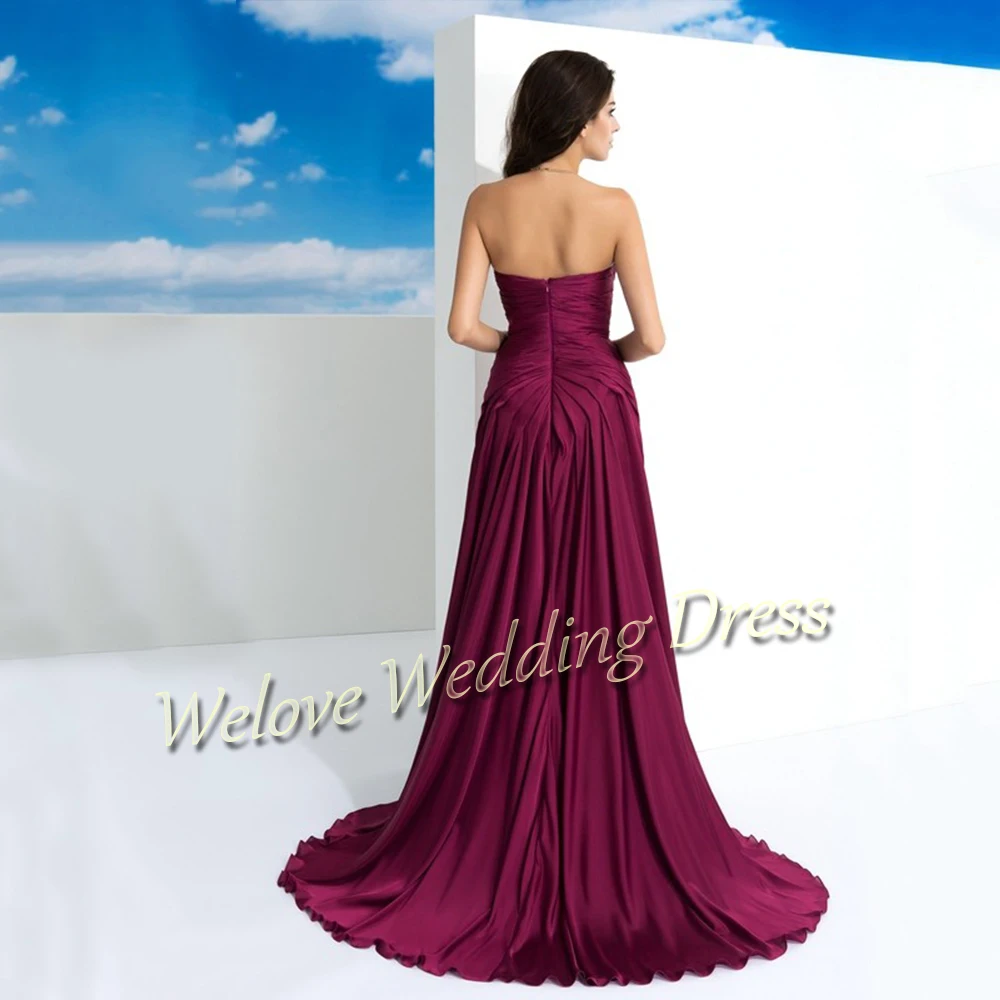 

Elegant Red Wine Strapless Mother Of The Bride Dress For Woman Sweep Train Zipper Back Simple Satin Groom Mom Bridal Gown A Line