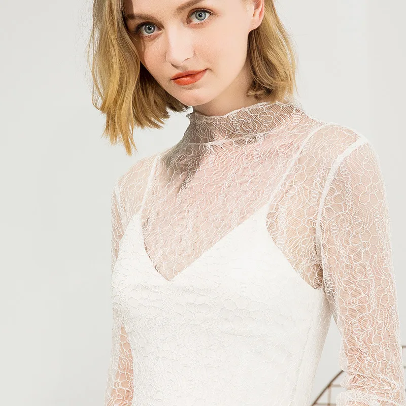 

Women's autumn winter 2019 new built-in long sleeve T-shirt with semi high collar lace base shirt