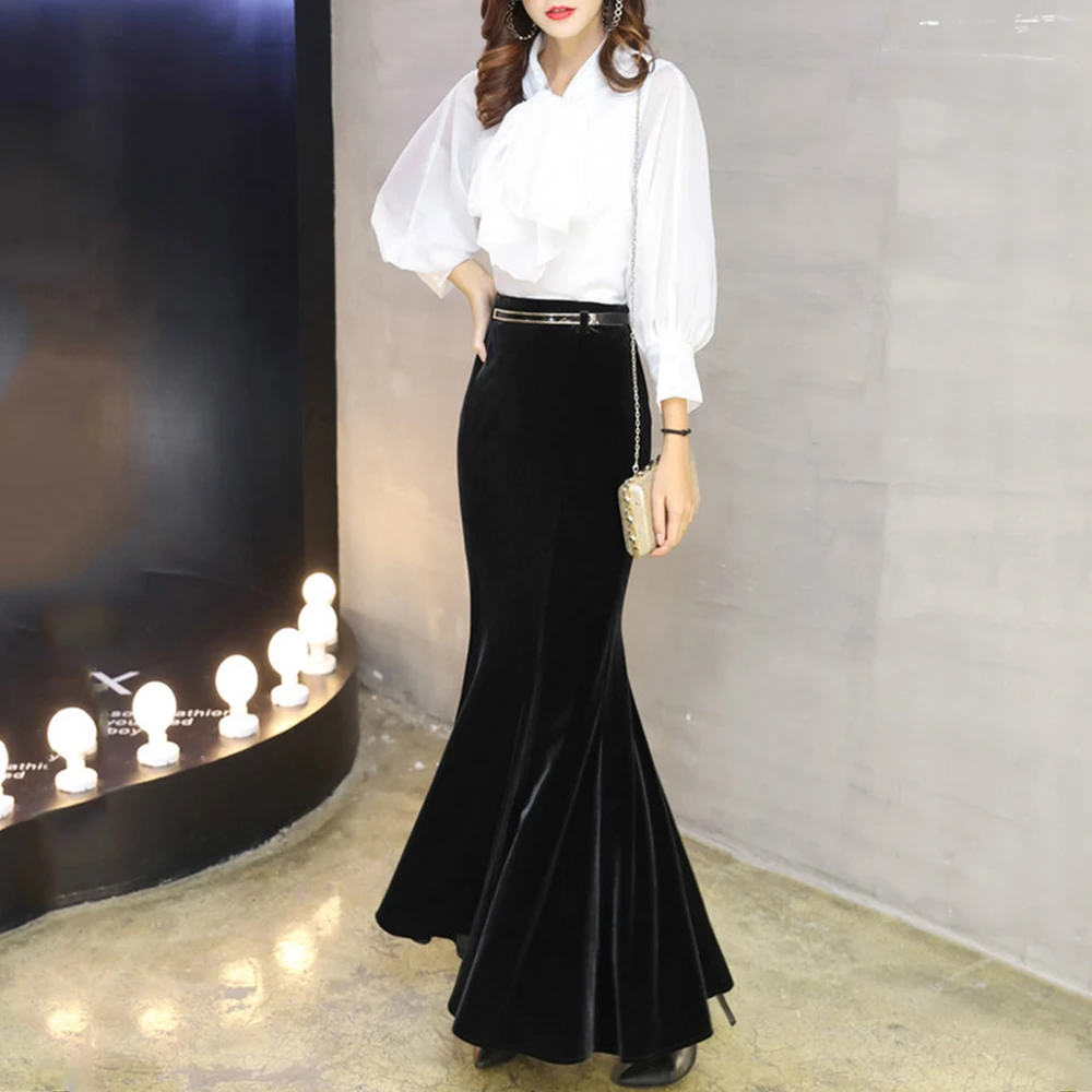 Женская бархатная юбка с поясом Длинная черная запахом в стиле ретро модель 5XL на