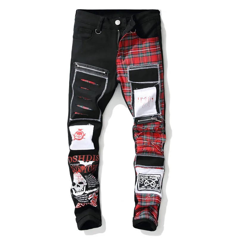 

New Men's skull printed Scottish plaid patchwork jeans Trendy patches design black ripped distressed denim long pants trousers