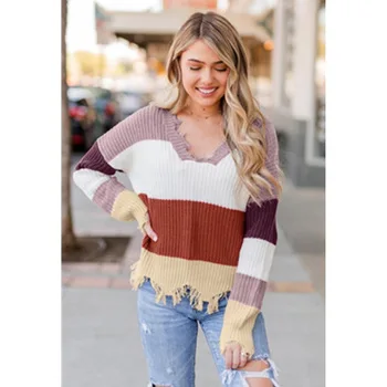 

Casual Color Patchwork Sweater Women Broken Edge Irregular Long Sleeve Loose V-neck Pullovers Autumn Sweater