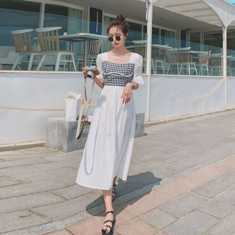 

Women's Summer Dress New Puff Sleeve Long Skirt Female Korean White Elegant Plaid Stitching Square Collar Ladies Fashion Dresses