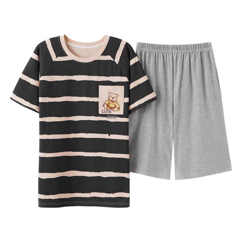 

Couple Pajamas Set Summer Cotton Cartoon Little Bears Cute Women Pajamas Plus Size Simple Stripes Short Sleeve Lovers Homewear