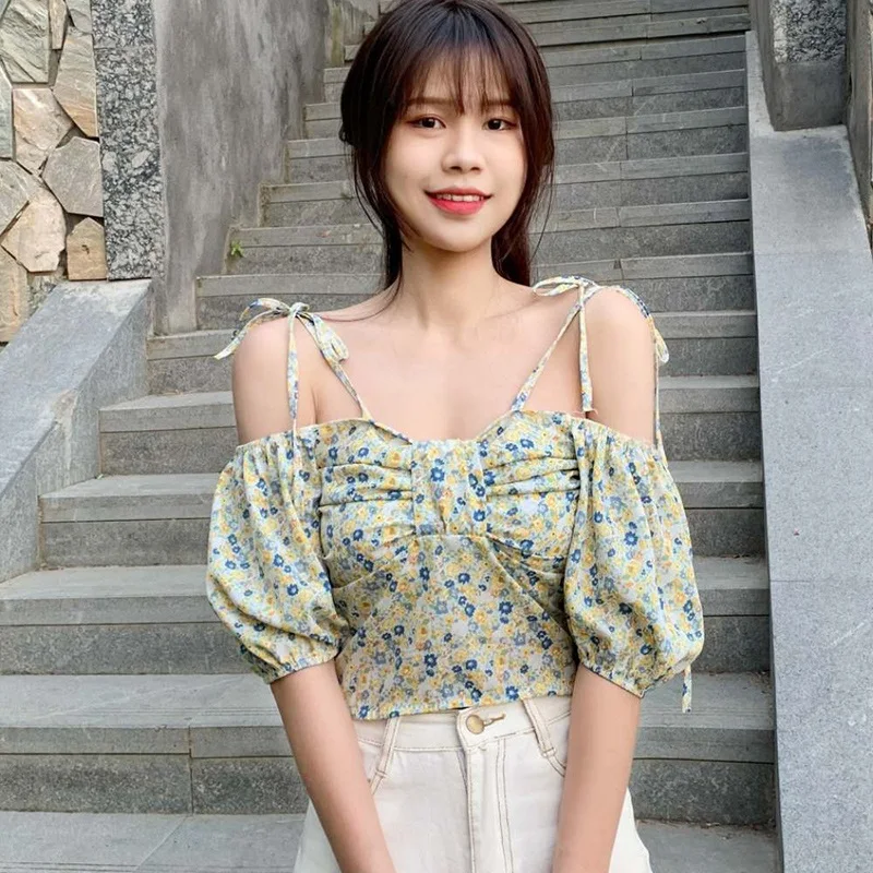 

Sexy Cute Off Shoulder Floral Printed Blusas Women Cozy Sweet Female Short Sleeve Chiffon Shirts Femme Soft Casual Blouses