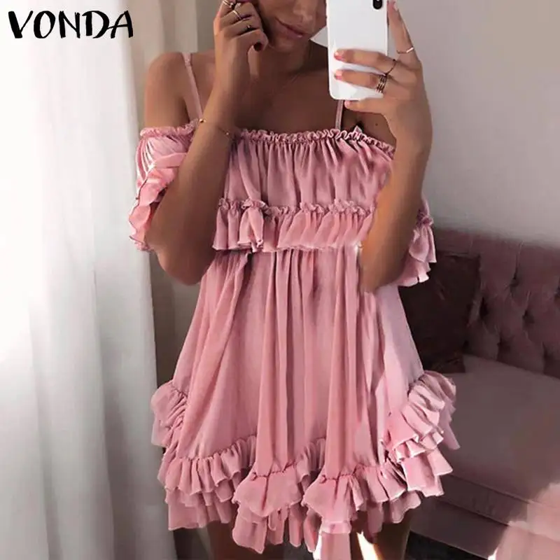 VONDA 2020 однотонное модное женское платье сексуальное мини с открытыми плечами и