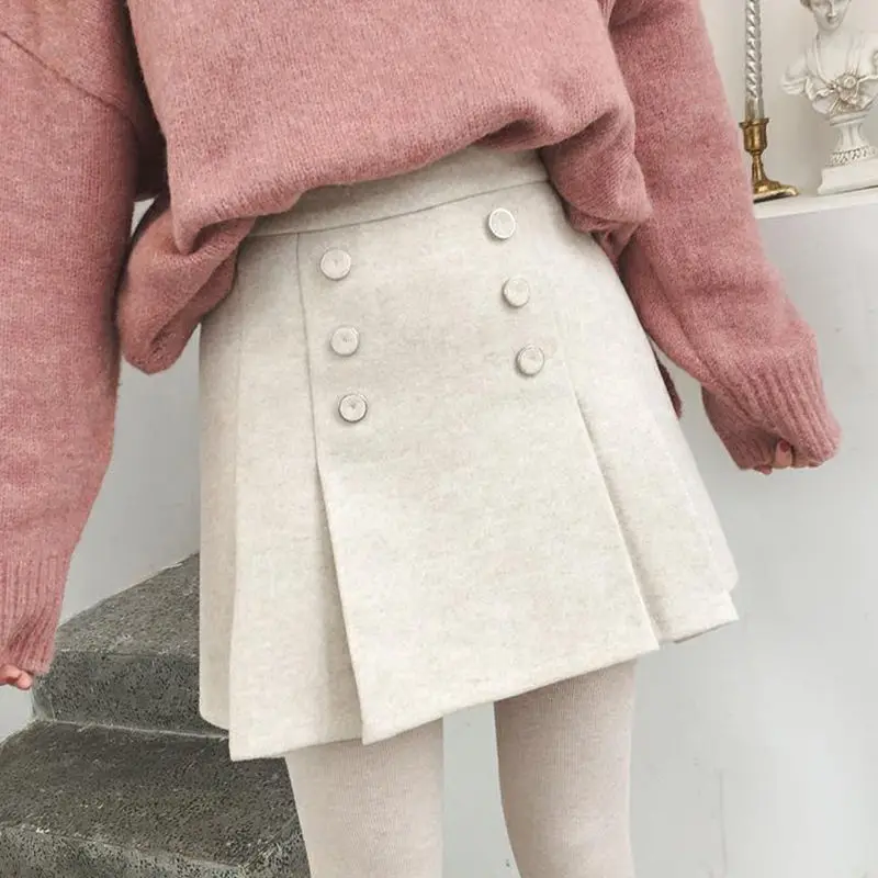 

Шерстяная Юбка с высокой талией, новинка сезона осень-зима 2021, модная двубортная юбка-трапеция joker, облегающая юбка, белая плиссированная юб...