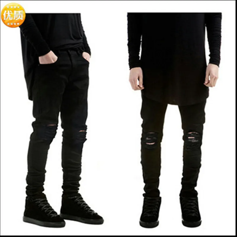 

High Street Men Pencil Jeans Holes Scratches Ripped Skinny Destroyed Hole Slim Denim Hip Hop Punk Army Green Black High Quality