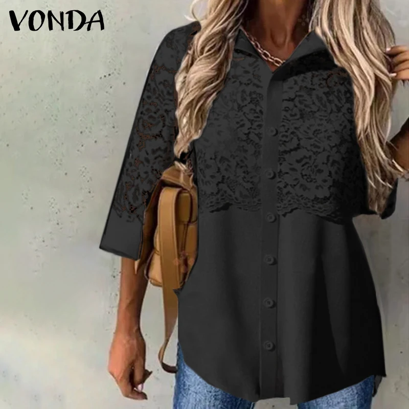 

Office Long Sleeve Blouse 2022 Women Casaul Lapel Neck Button Up Shirts Lace Patchwork Blouse Tops Blusas Femininas Oversized
