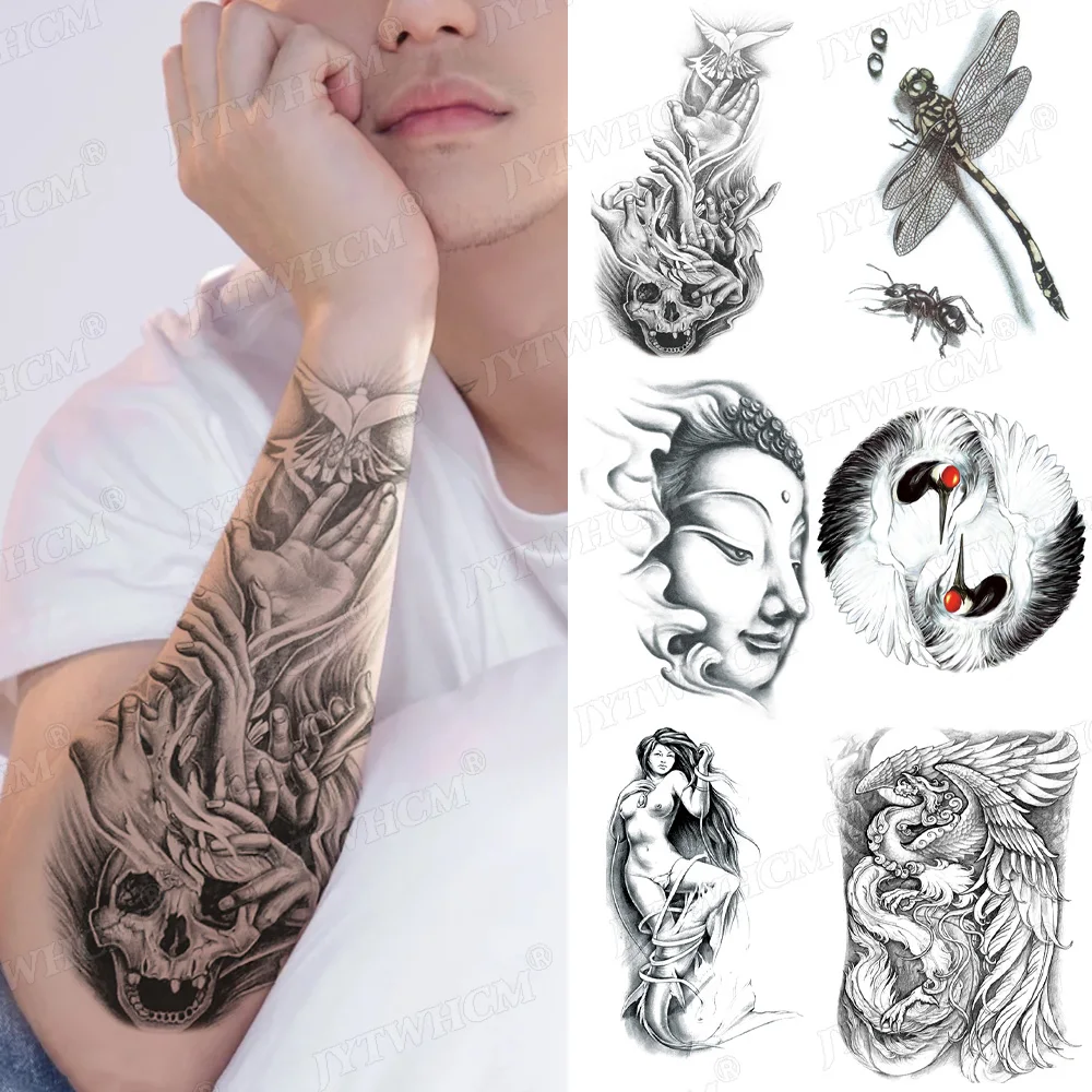 

Black Skull Evil Fake Temporary Tattoo Sticker Waterproof Flash Fishtail Finger Fake Tattoo Body Art Arm Back Decal Men Women