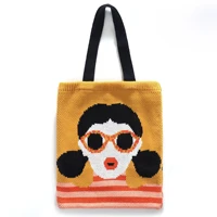 girl with red lip pattern cartoon knitting tote bag girl fashion anime soft crochet woolen women handbag large shopper bag study