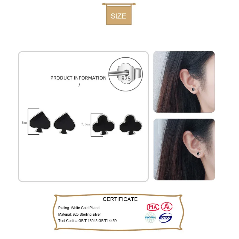 ElfoPlataSi Genuine Fashion 925 Sterling Silver interesting Poker Spade Club Stud Earring For Women Wedding Jewelry Gift DA526 | Украшения