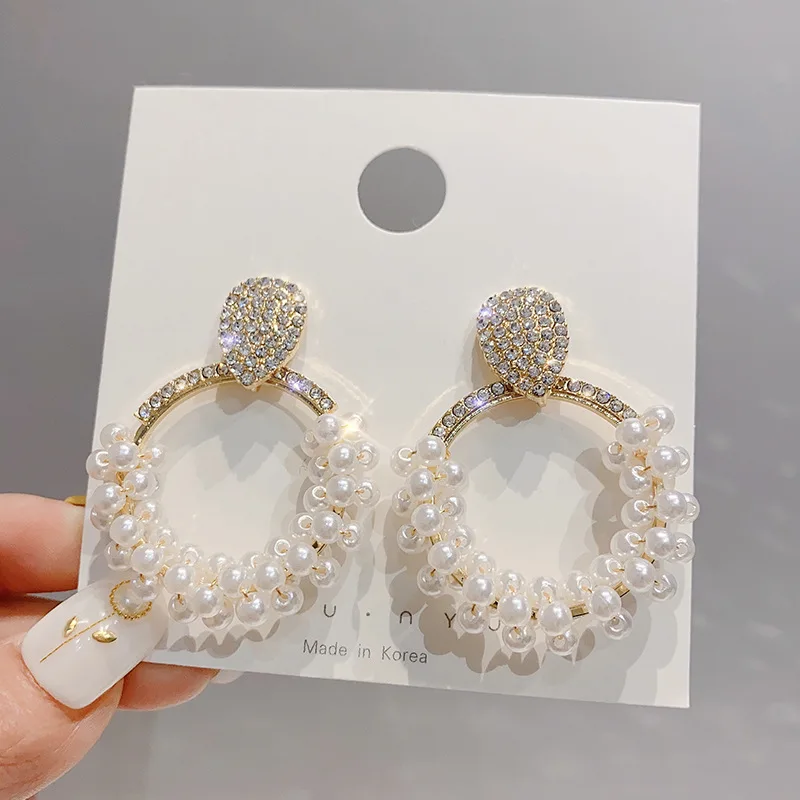 

New Simple Temperament Handmade Pearl Circle Diamond Earrings S925 Silver Needle Personality Fashion Earrings