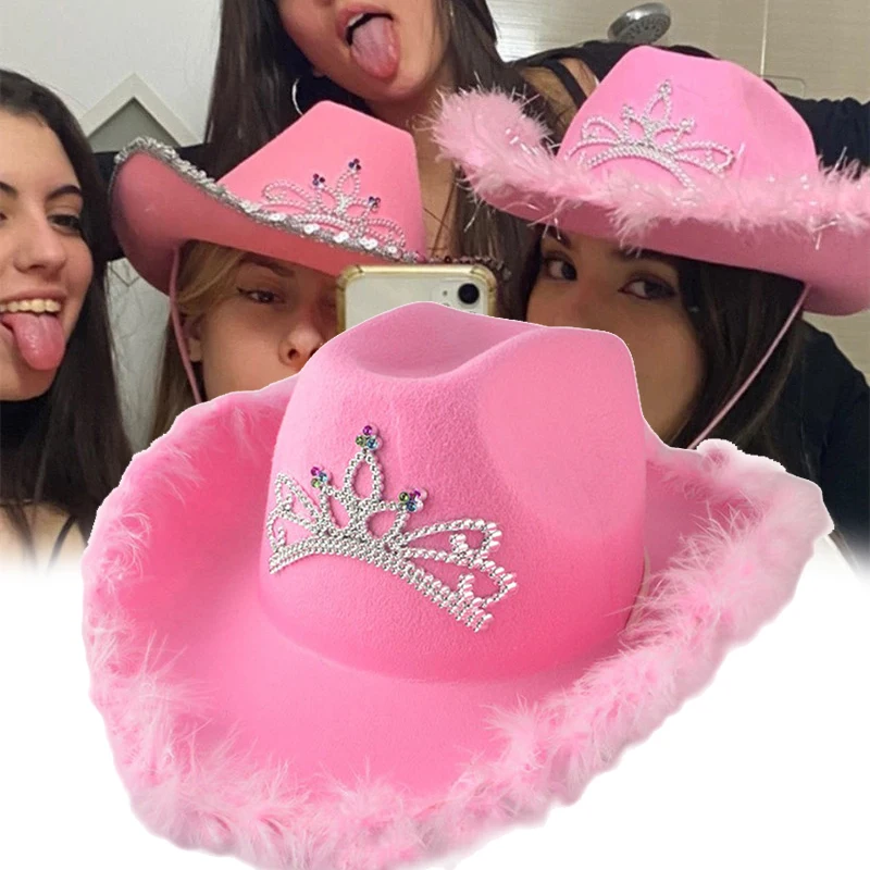 Sombrero de vaquero occidental para mujer y niña, sombrero de vaquera rosa, Tiara, sombrero de fiesta de disfraces, sombrero de Fedora con borde de pluma