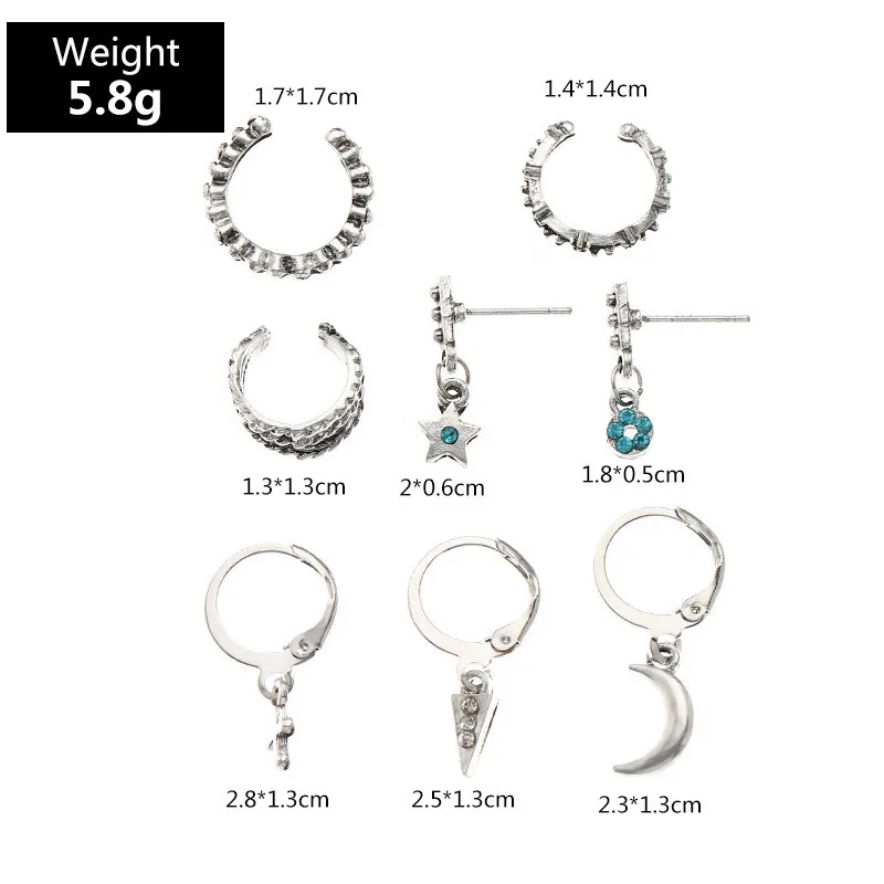 

8pcs/set Boho Silver Color Cross Moon Star Flower Stud Earring for Women Girl Carving Geometric Earring Ear Cuff Pendientes