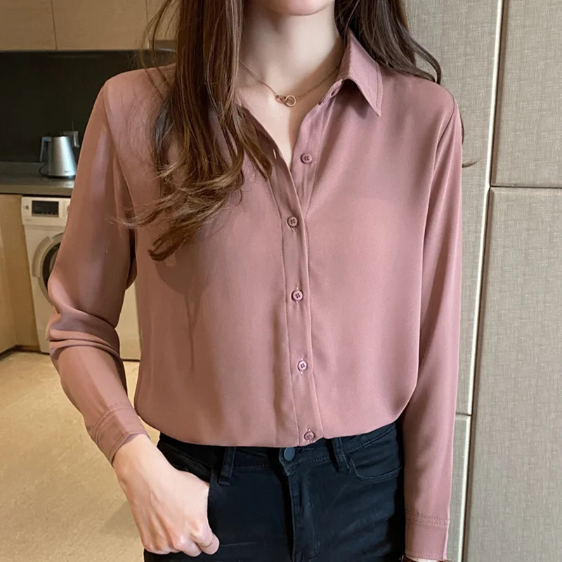 

Tops Women 2020 Chiffon Blouses Female Button Solid Casual Long Sleeve Shirts Clothing Korean Blue White Green Apricot Pink 2148