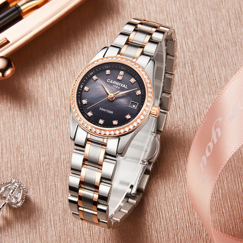 

Карнавальные швейцарские роскошные Брендовые Часы для женщин, кварцевые модные женские часы с браслетом, розовое золото, жемчужный цифербл...