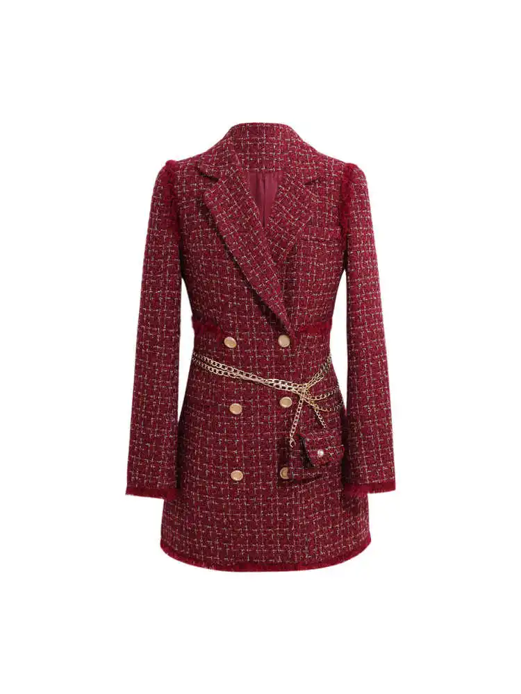 

ICCLEK Women Red Tweed Plaid Blazer Golden Double Breasted Jacket Thick Long Woolen Suit Coat Fall Winter Outerwear With Chain B