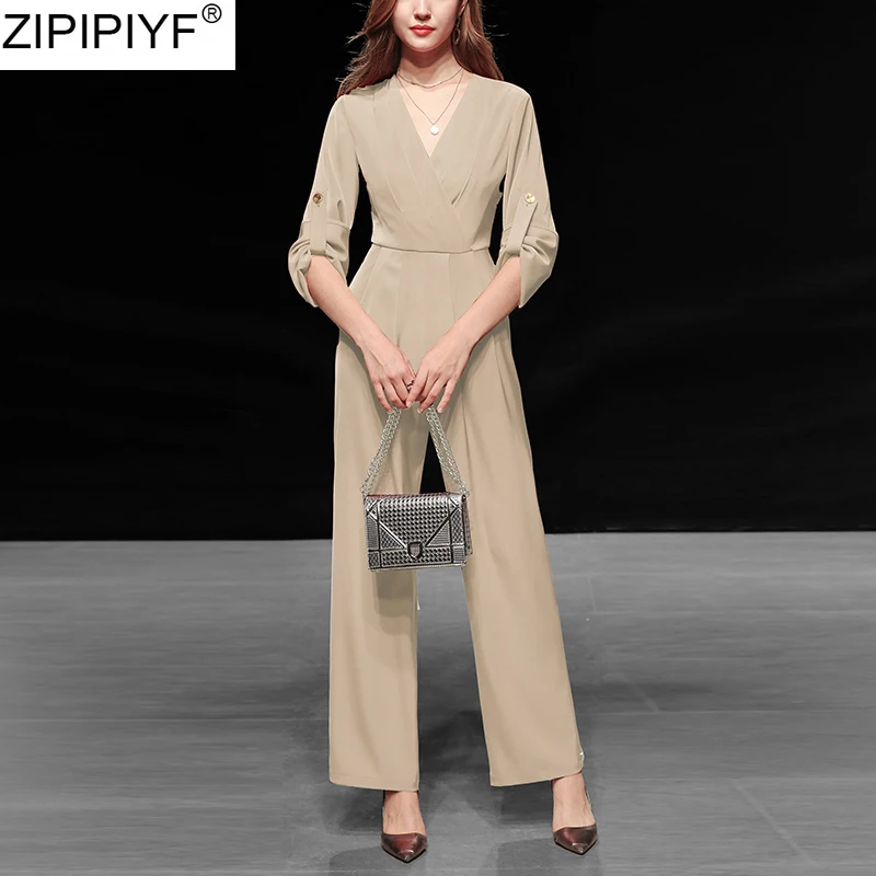 Весна Лето 2020 женский комбинезон с длинным рукавом и широкими штанинами OL