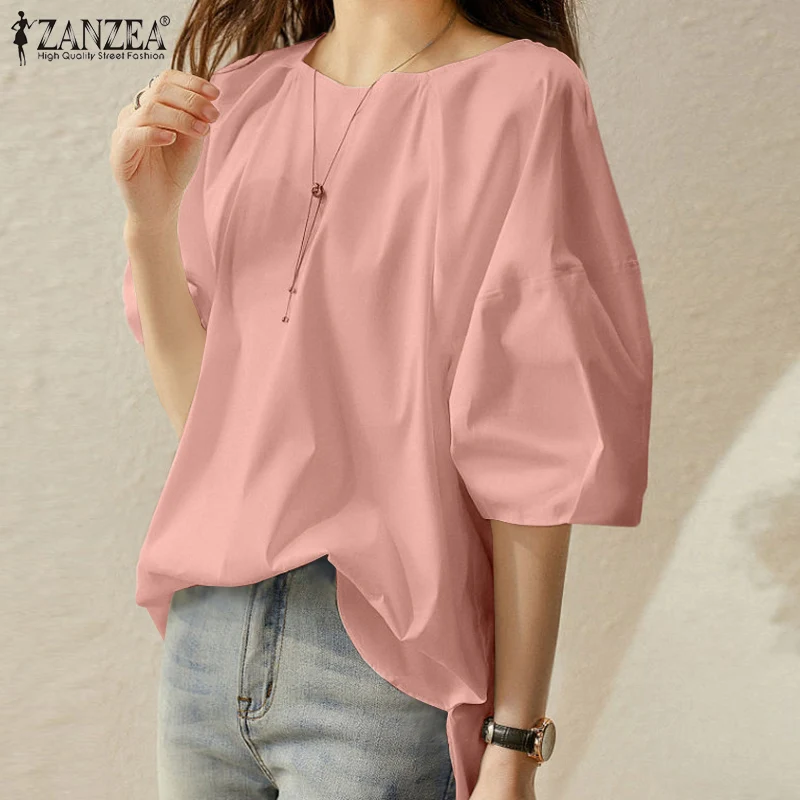 

Элегантная Женская Туника ZANZEA, шикарная рубашка с коротким рукавом и круглым вырезом, однотонные топы, Повседневная Базовая Летняя женская ...