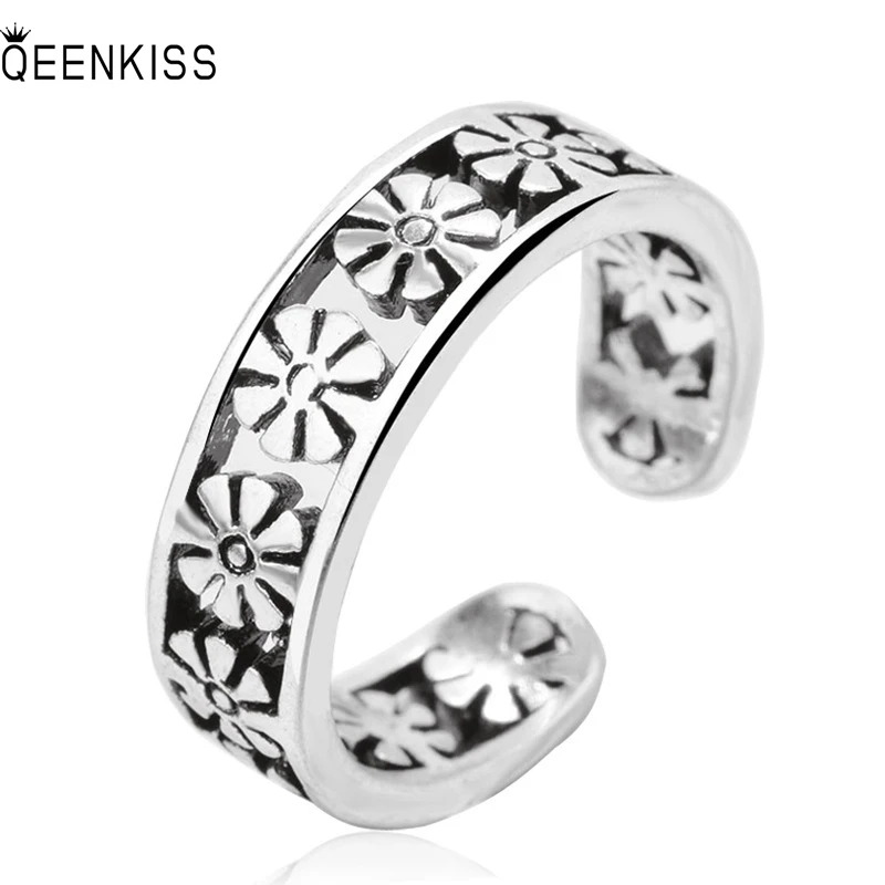 

QEENKISS RG6329 2022 Fine Jewelry Wholesale Fashion Woman Girl Birthday Wedding Gift Plum Flower 925 Sterling Silver Open Ring