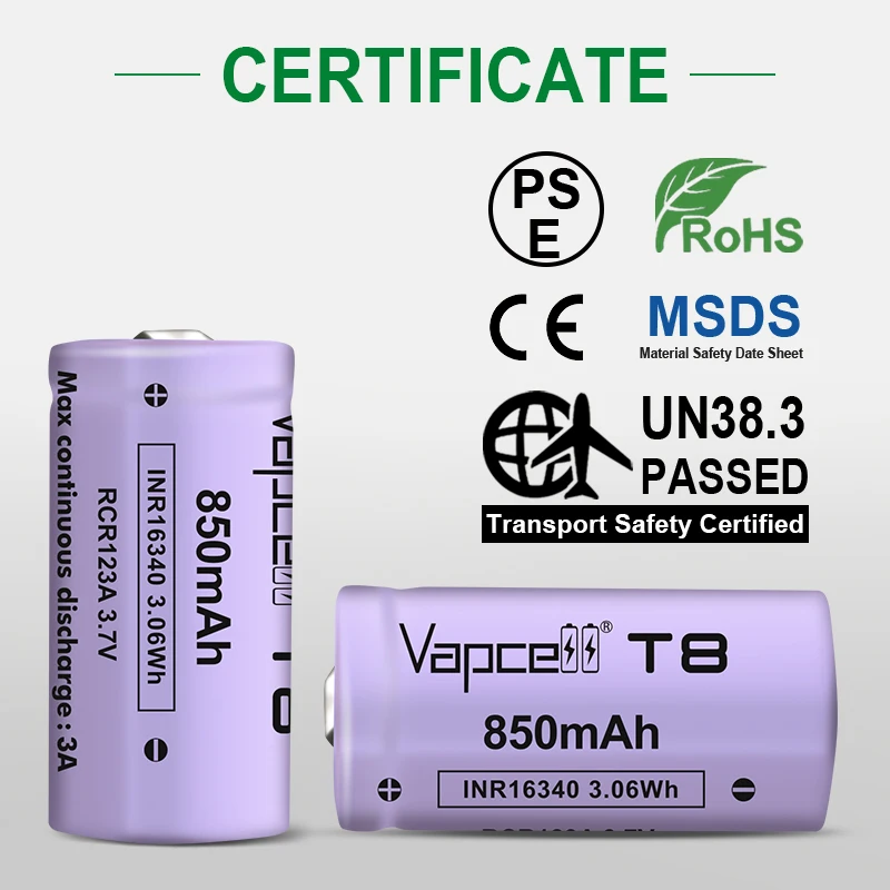 Vapcell оригинальный 16340 850 мА/ч 3A T8 заряжаемый литий-ионный аккумулятор 3 7 в