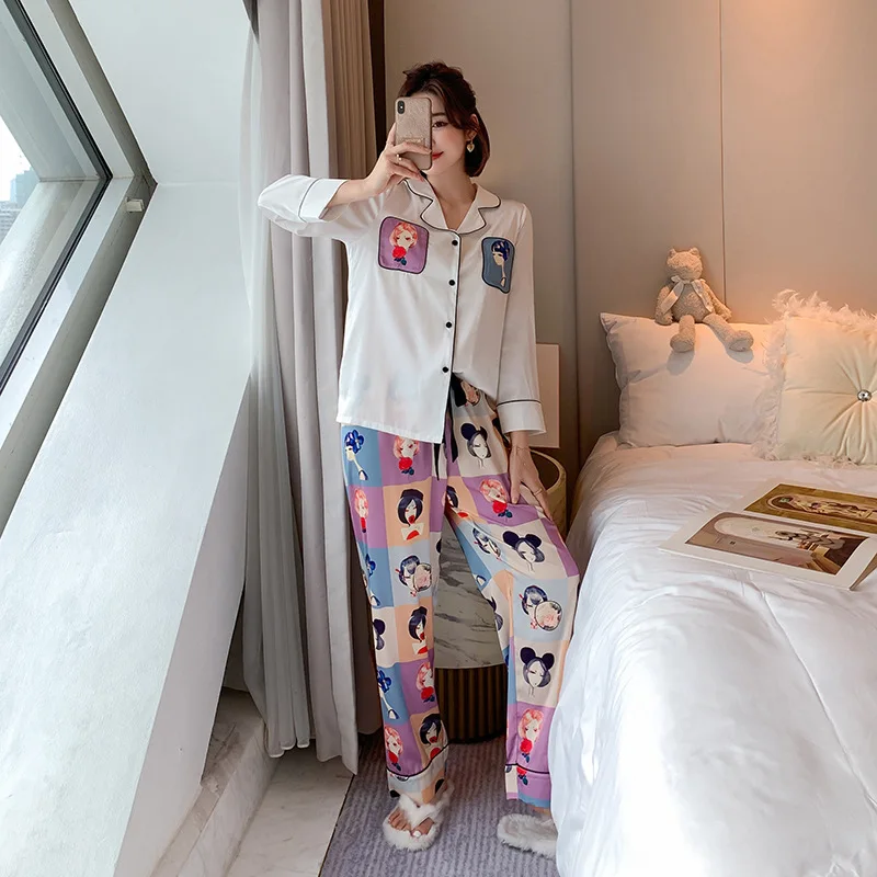 

Pajama Sets Pants 2 Piece Women Silk Printed Cardigan Long-Sleeved Longpants Sleepwear Set Satin Chiffon Fashion Trendy Homewear