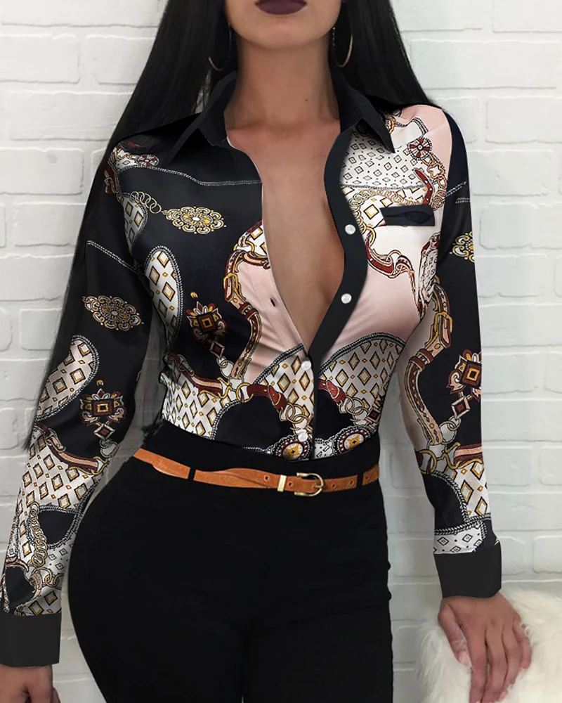 

Spring Autumn Women's Floral Shirt 2021 New Femme Chain Scarf Print Button Front Long Sleeve Shirt Office Ladies Elegant Outfits