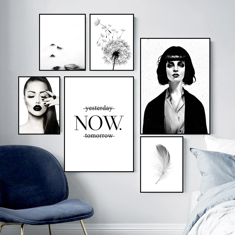 Одуванчик перо настенное искусство сейчас фотообои Черный Белый Пейзаж Плакат и