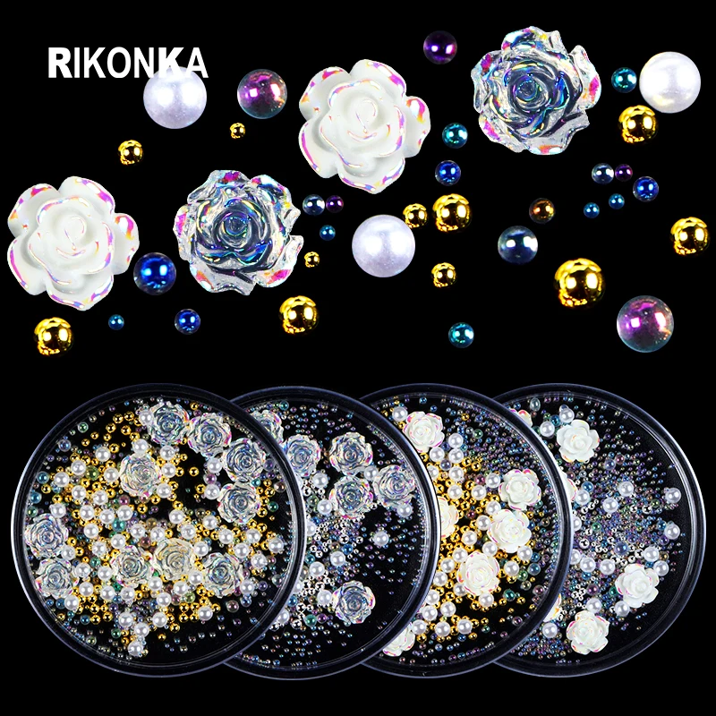 

10Pcs Resin Camellia White Pearls Steel Balls Design Kit For Nail Art Decorations French Fashion Luxury Charms Nail Rhinestones