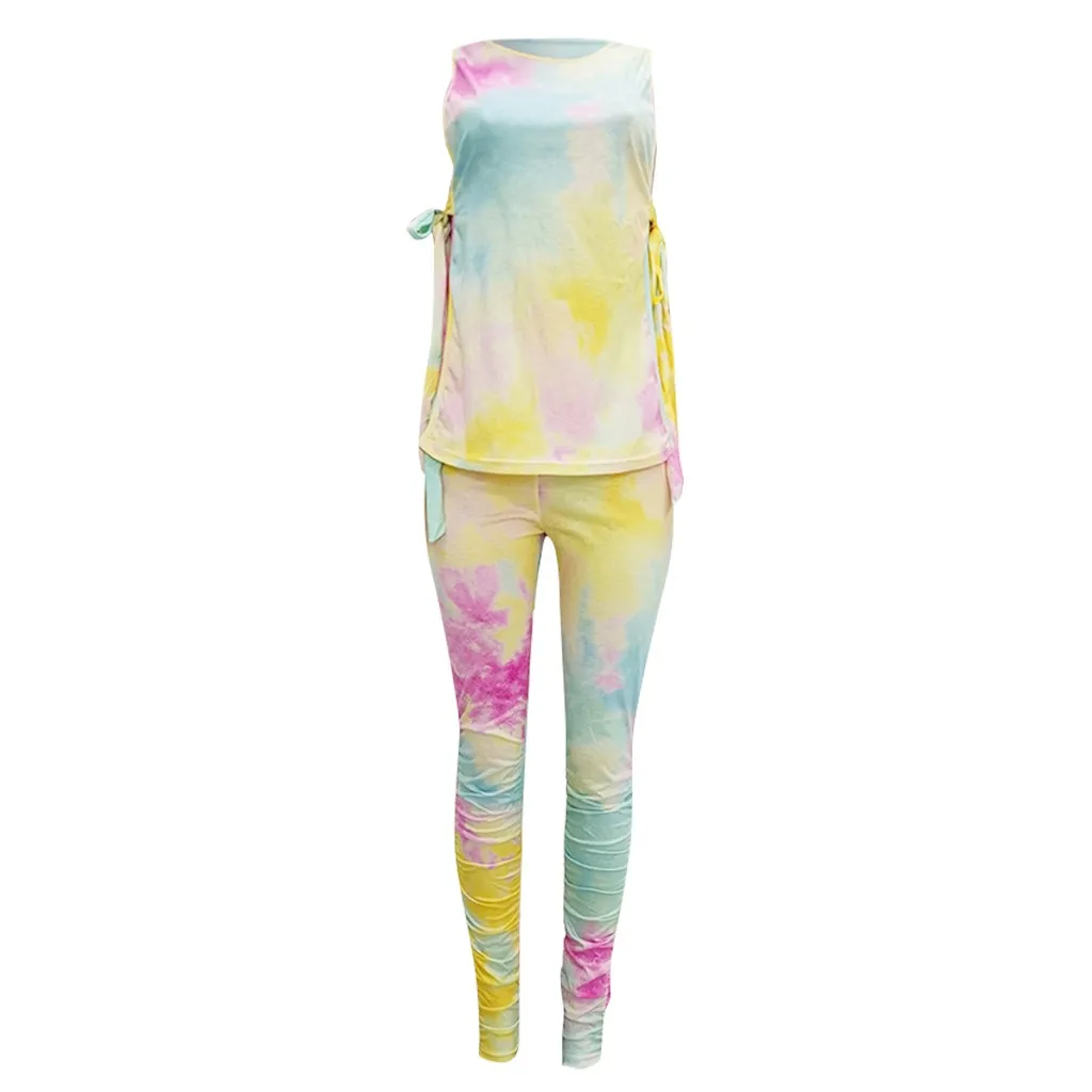 

Womail Two Piece Set Women Tie Dye Sporty Workout Sleeveless Fitness Active Wear Tracksuit 2020 Tank Fold Zipper Pencil Pant Set