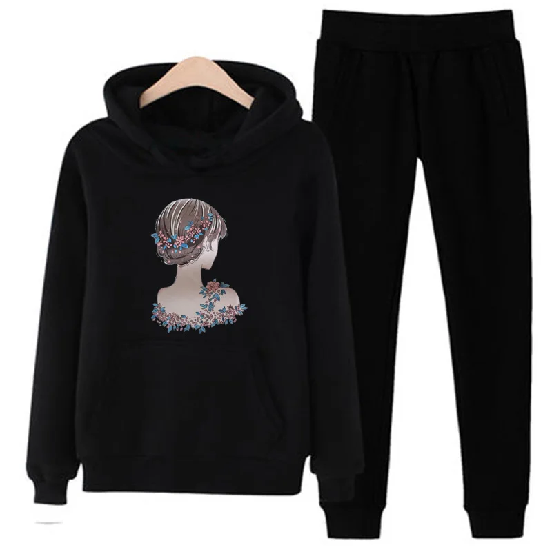 Комплект из 2 предметов, женская одежда, Chandal Mujer 2 Piezas, для бега, Femme, мультяшный принт, толстовка, штаны, спортивные костюмы, женский спортивный костюм - Цвет: Style 7 Black