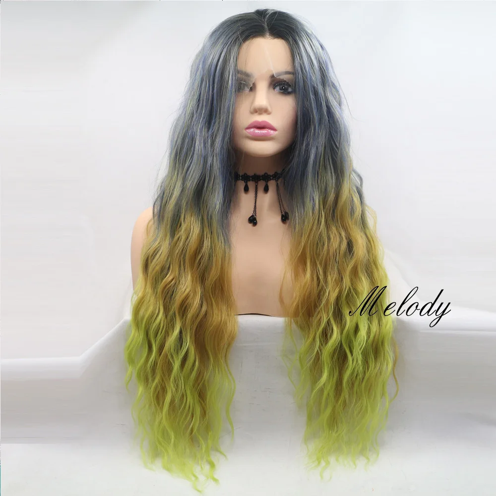 

Melody Deep Curly Long Ombre Green with Gray Roots Wavy Wig Synthetic Lace Front Wig Replacement Wig for Women Cosplay