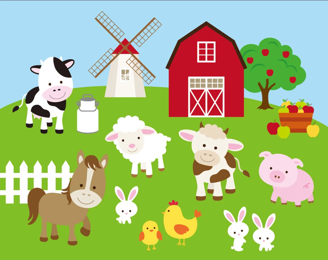 

7X5 футов ферма животные корова лошадь свинья овечка кролик красный сарай ветряная мельница пользовательская фотостудия фон винил 220 см X 150 см