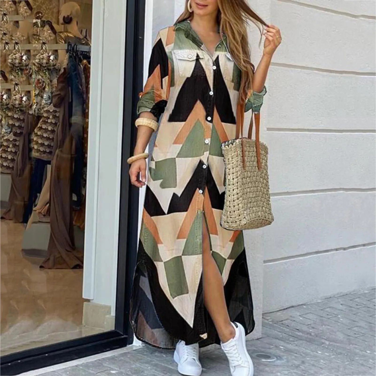 

Women Pocket Button Shirt Dress Casual Loose Sexy Long Sleeve Large Size Dress New Female Beach Holiday Maxi Dress Vestido longo