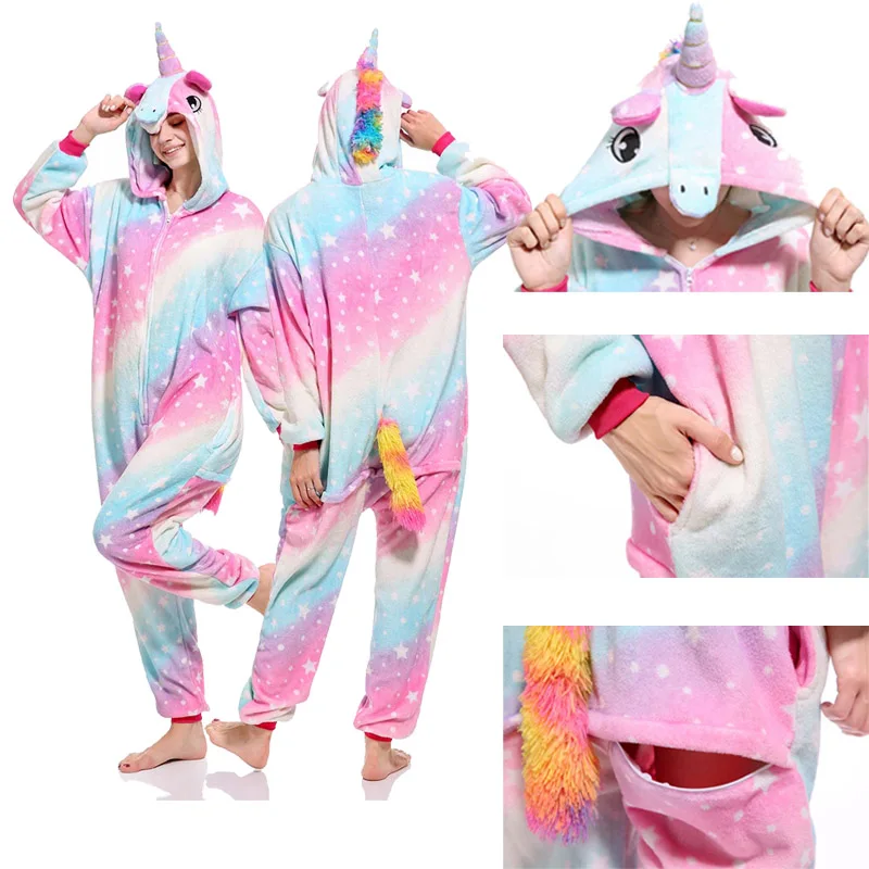 Унисекс Для женщин мужчин Единорог Комбинезоны фланелевые пижамы с рисунками