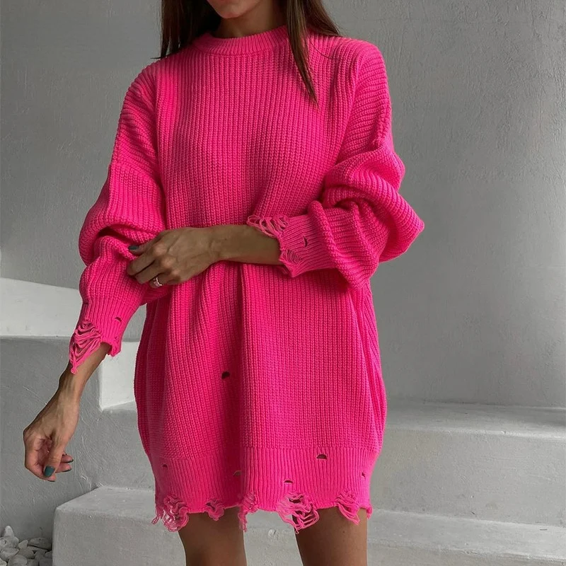 

Za Sweater Dress 2021 Women Fashion Pink O Neck Knitted Dress Autumn Winter Female Elegant Long Sleeve Oversized Mini Dresses