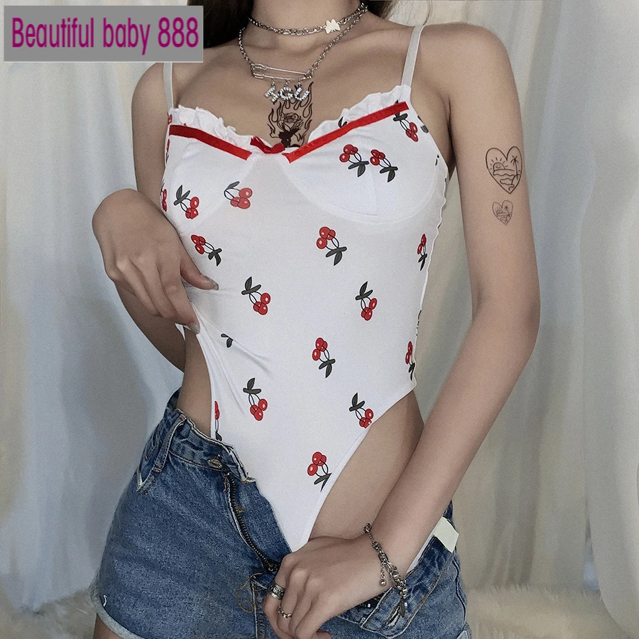 

Meqeiss simple laciness Cute print backless spaghetti strap bodysuit female casual slim street romper white elastic body mujer