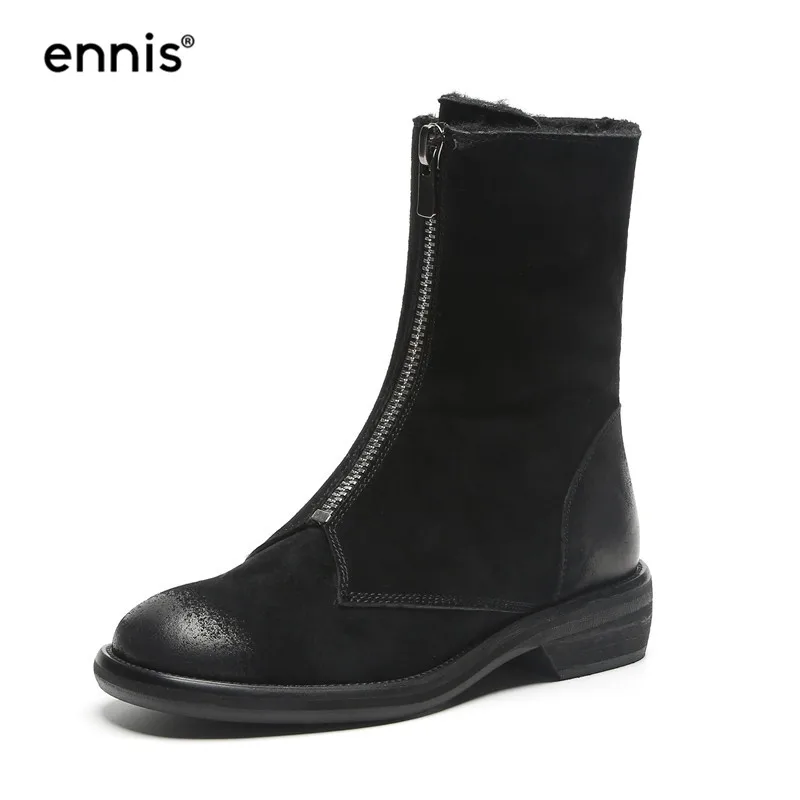 Black ENNIS/Брендовые женские зимние ботинки женские ботинки в стиле ретро на низком каблуке обувь из натуральной кожи модные теплые ботинки на молнии цвета хаки, черного цвета Новинка, A9244 - Цвет: Black