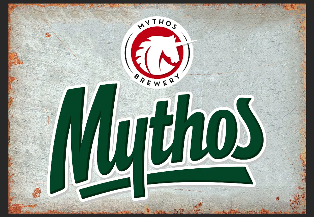 

Mythos Greek beer pub bar man cave beach metal wall decor sign plaque holiday