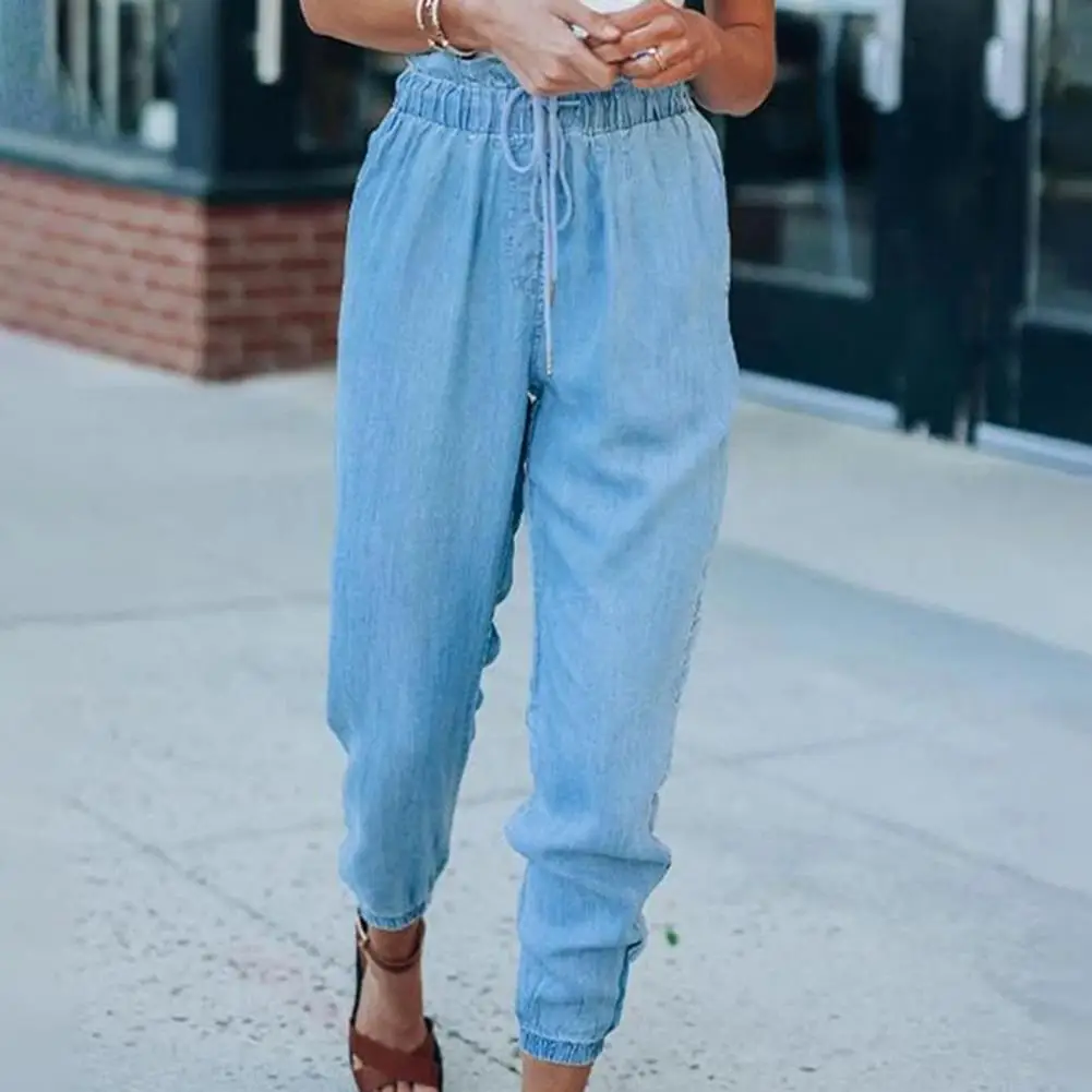 

Синие женские повседневные джинсы на шнурке, женские укороченные брюки сплошного цвета для улицы