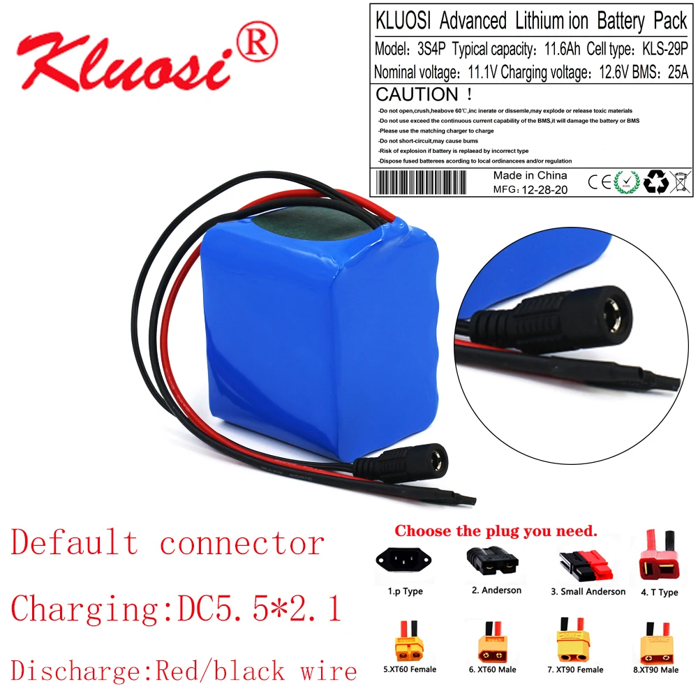 

KLUOSI 12V 11.6Ah 12Ah 3S4P High Capacity 12.6V Li-ion Battery Pack with 25A BMS for LED Lamp Light Backup Power Electrical Tool