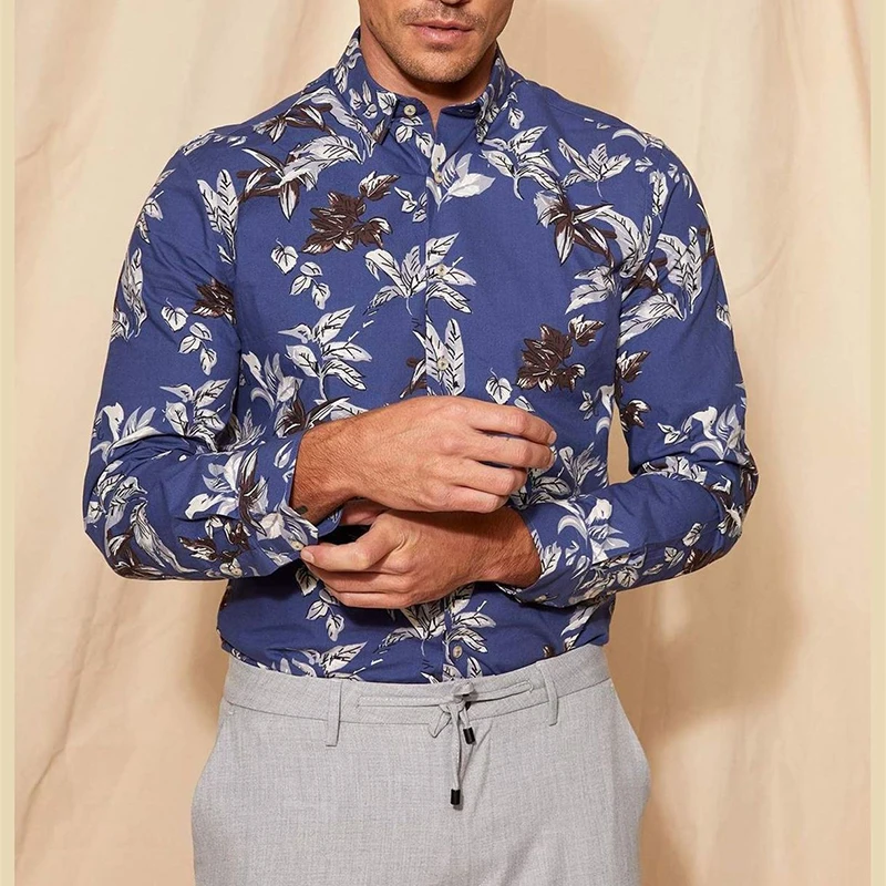 

Men Vintage Floral Printed Shirts For Men 2021 Fashion Long Sleeve Shirt Streetwear Autumn Casual Turn-down Collar Buttoned Tops