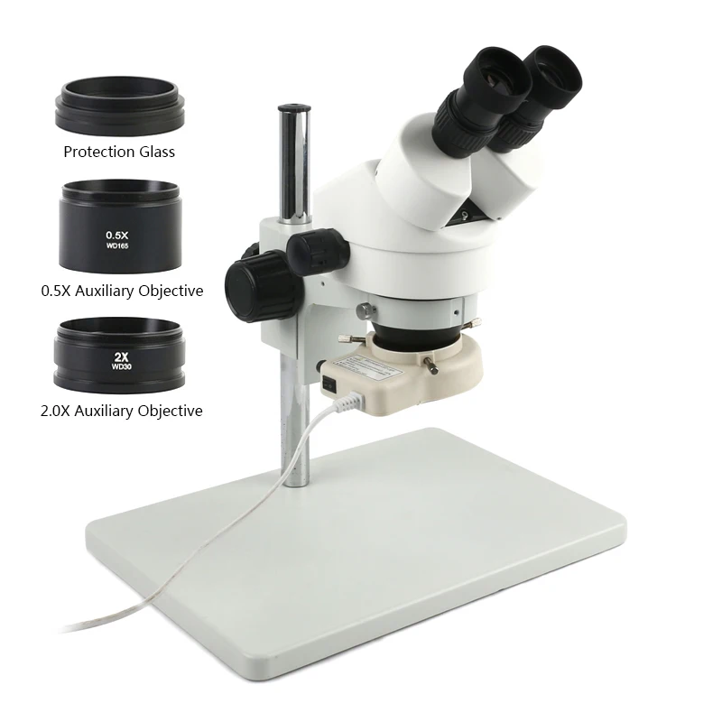 

7x-45x Magnification Continuous Zoom 3.5X-90X Big Size Stand Binocular Stereo Microscope + 0.5X 2X Auxiliary Objective Lens