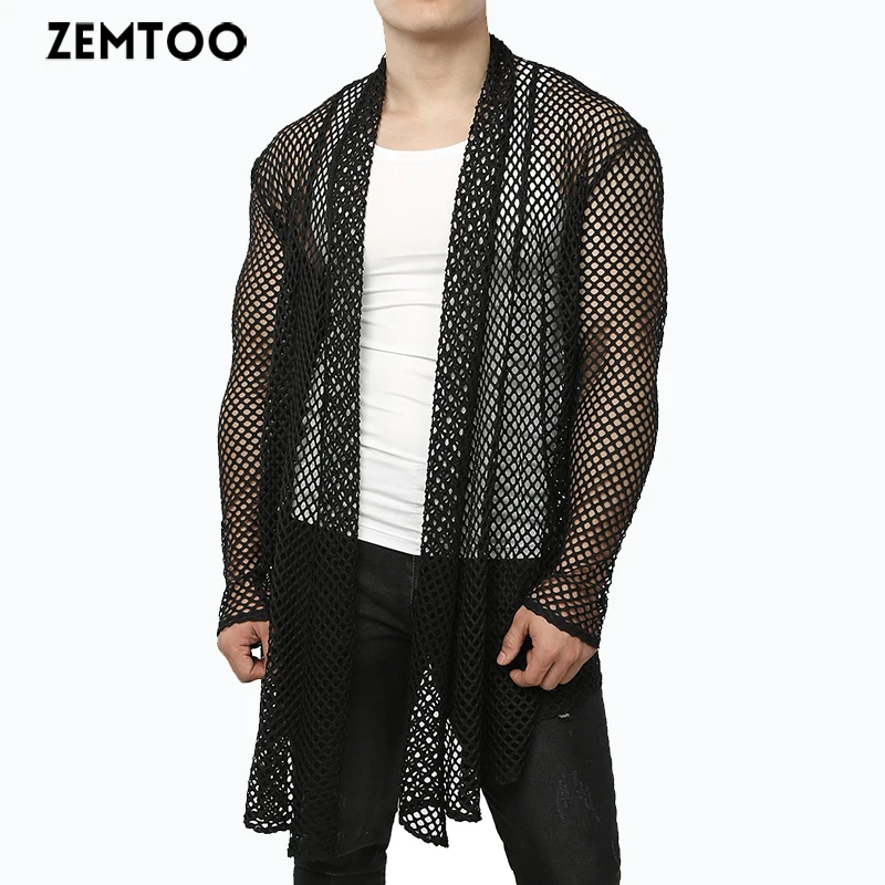 

ZEMTOO Men's Mesh Cardigan Long Sleeve Muscle Top Windbreaker Fishnet Jacket FD011